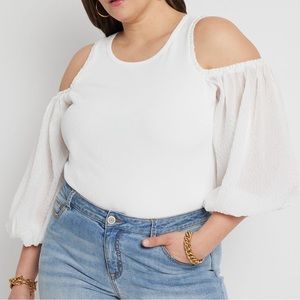 Eloquii Cold Shoulder Organza Sleeve Top